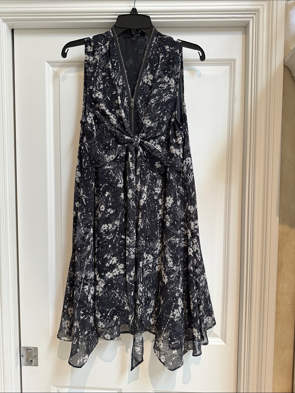 All Saints Black and White Tie-Front V-Neck Dress with sheer layers